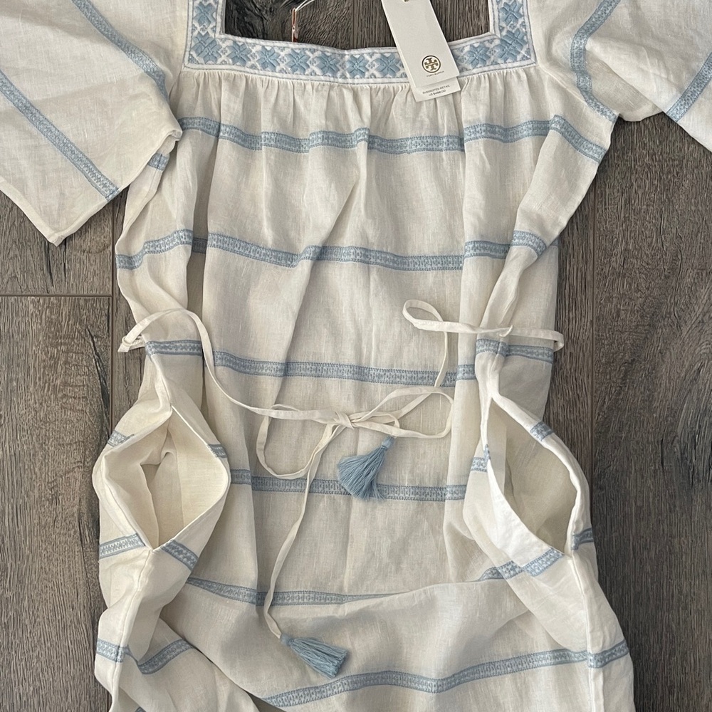 Tory Burch Light Blue and White Striped Midi Dress - Picture 4 of 16